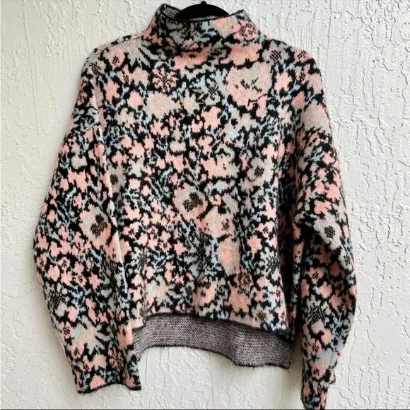 Zara Jacquard High Neck Wool Blend Floral Cozy Knit Sweater Pink Women's Size S - Picture 2 of 6